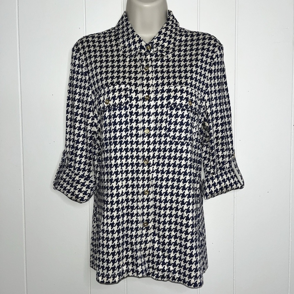 J. McLaughlin Silk Shirt Size M Houndstooth Gold Buttons Roll Tab Sleeve Stretch